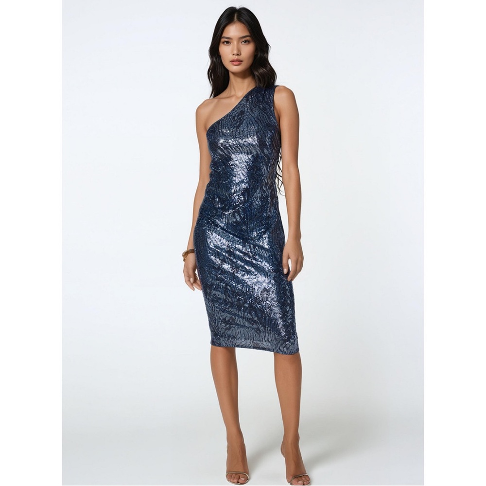bebe One-Shoulder Navy Sequin Sheath Dress